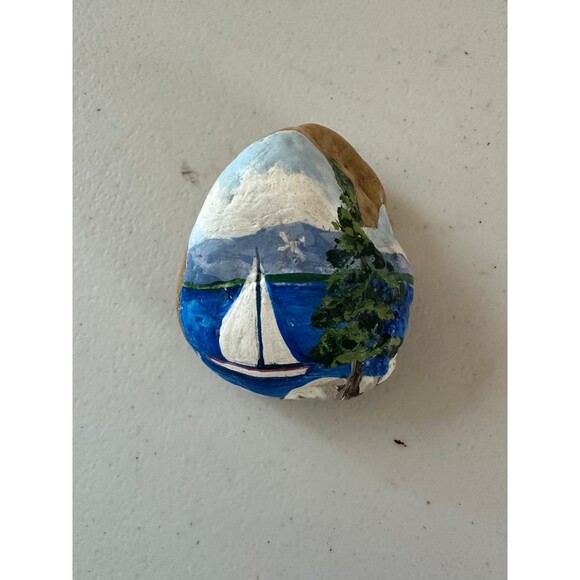 Handpainted Decorative Sailboat Lake Scenery Mineral Rock 2008 KKYC Tahoe - Picture 2 of 3